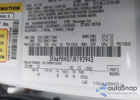2018 Ford Fusion Se z USA, uszkodzony, nr VIN 3FA6P0HD7JR192943
